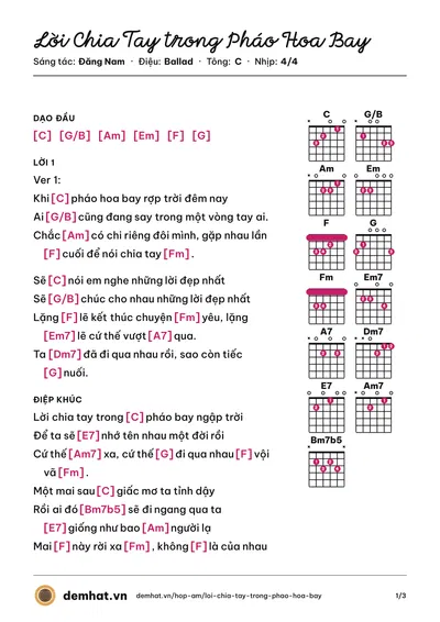Hợp âm Lời Chia Tay trong Pháo Hoa Bay (Đăng Nam) – bản nhạc PDF trang 1, tông C