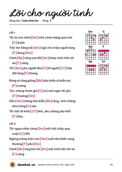 Hợp âm Lời cho người tình (Châu Đình An) – bản nhạc PDF trang 1, tông F