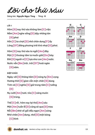 Hợp âm Lời cho thứ sáu (Minh Đạt) – bản nhạc PDF trang 1, tông G