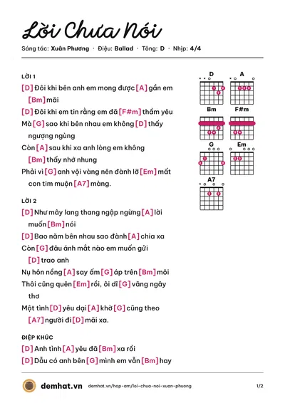 Hợp âm Lời Chưa Nói (Trần Thu Hà) – bản nhạc PDF trang 1, tông D