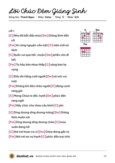 Hợp âm Lời Chúc Đêm Giáng Sinh (Thanh Ngọc) – bản nhạc PDF trang 1, tông C