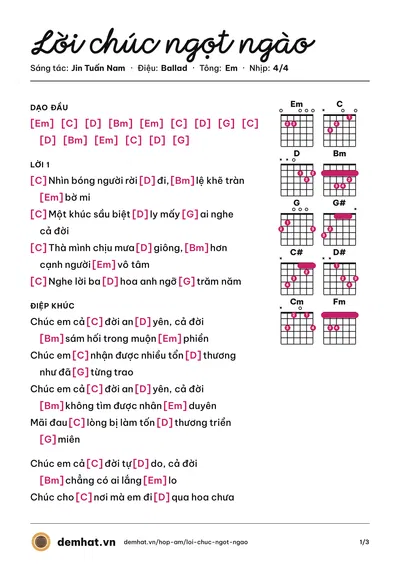 Hợp âm Lời chúc ngọt ngào (Jin Tuấn Nam) – bản nhạc PDF trang 1, tông Em