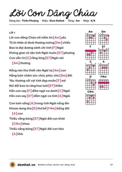 Hợp âm Lời Con Dâng Chúa (Phương Vy) – bản nhạc PDF trang 1, tông Am