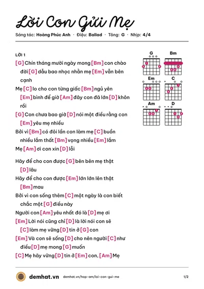 Hợp âm Lời Con Gửi Mẹ (Tân Trần) – bản nhạc PDF trang 1, tông G