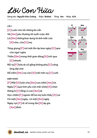 Hợp âm Lời Con Hứa (Thùy Chi) – bản nhạc PDF trang 1, tông Am