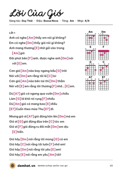 Hợp âm Lời Của Gió (Lam Trường) – bản nhạc PDF trang 1, tông Am