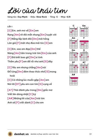 Hợp âm Lời của trái tim (Duy Mạnh) – bản nhạc PDF trang 1, tông C