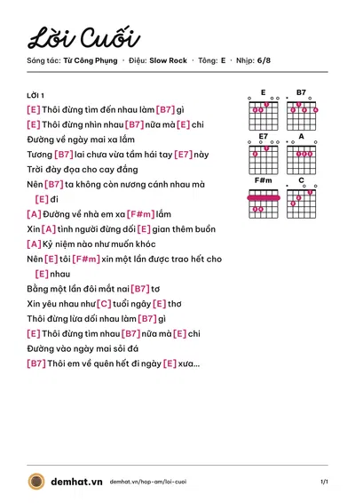 Hợp âm Lời Cuối (Tuấn Ngọc) – bản nhạc PDF trang 1, tông E