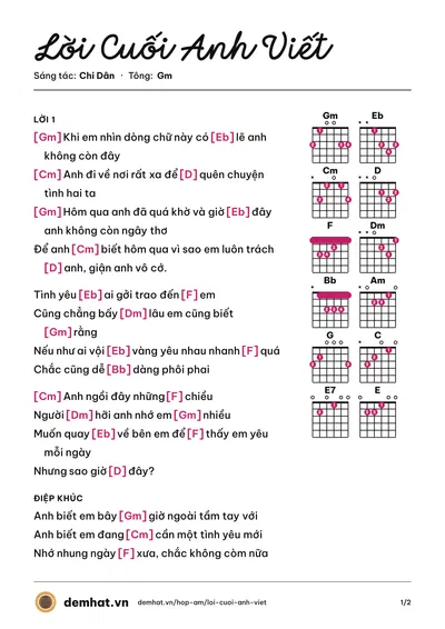 Hợp âm Lời Cuối Anh Viết (Chi Dân) – bản nhạc PDF trang 1, tông Gm