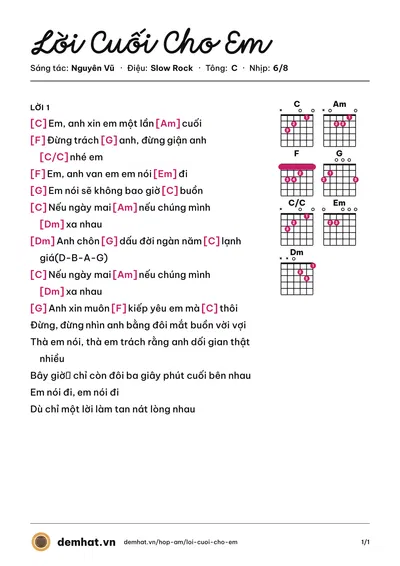 Hợp âm Lời Cuối Cho Em (Bằng Kiều) – bản nhạc PDF trang 1, tông C