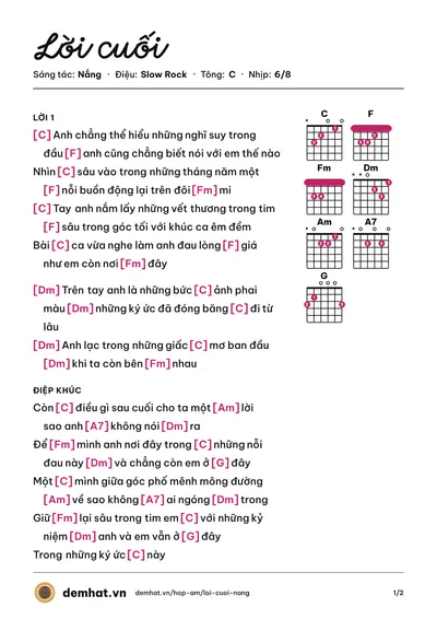 Hợp âm Lời cuối (Nắng) – bản nhạc PDF trang 1, tông C