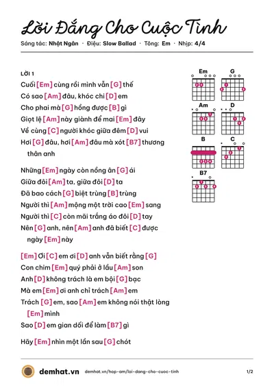 Hợp âm Lời Đắng Cho Cuộc Tình (Đan Nguyên) – bản nhạc PDF trang 1, tông Em