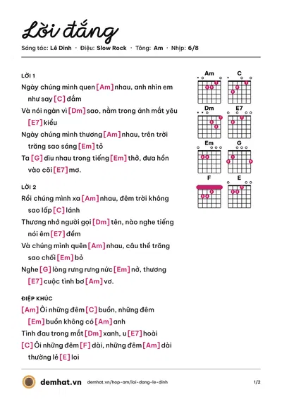 Hợp âm Lời đắng (Lê Dinh) – bản nhạc PDF trang 1, tông Am