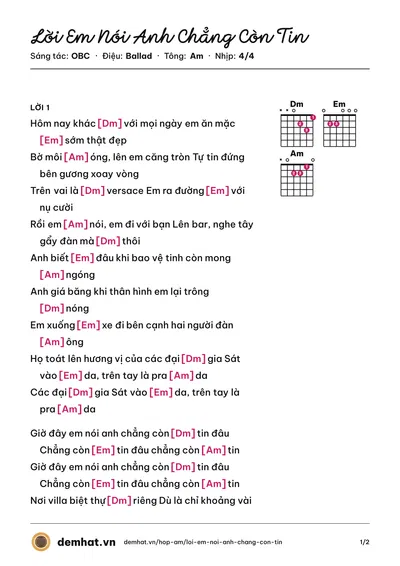 Hợp âm Lời Em Nói Anh Chẳng Còn Tin (OBC) – bản nhạc PDF trang 1, tông Am