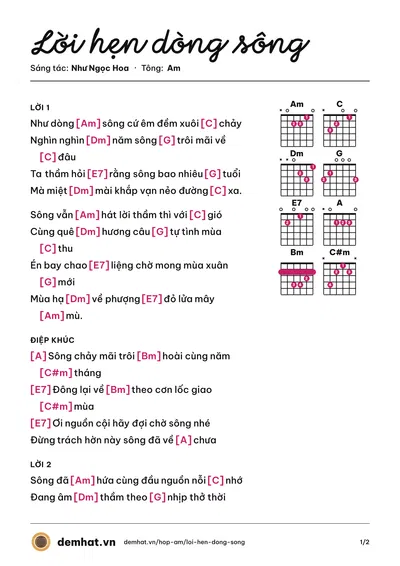 Hợp âm Lời hẹn dòng sông (Thu Trang) – bản nhạc PDF trang 1, tông Am
