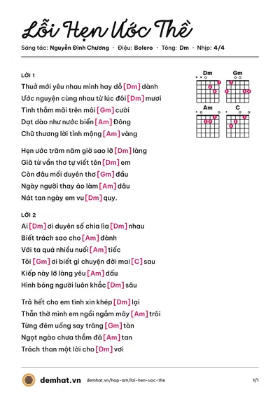 Hợp âm Lỗi Hẹn Ước Thề (Nguyễn Đình Chương) – bản nhạc PDF trang 1, tông Dm