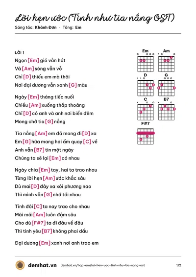 Hợp âm Lời hẹn ước (Tình như tia nắng OST) (Khánh Đơn) – bản nhạc PDF trang 1, tông Em