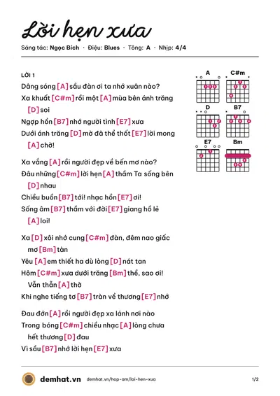 Hợp âm Lời hẹn xưa (Ngọc Bích) – bản nhạc PDF trang 1, tông A
