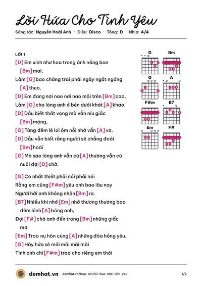Hợp âm Lời Hứa Cho Tình Yêu (H.A.T) – bản nhạc PDF trang 1, tông D