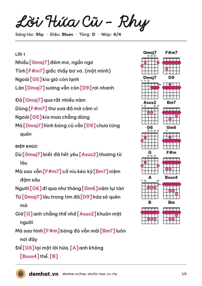Hợp âm Lời Hứa Cũ - Rhy (Rhy) – bản nhạc PDF trang 1, tông D