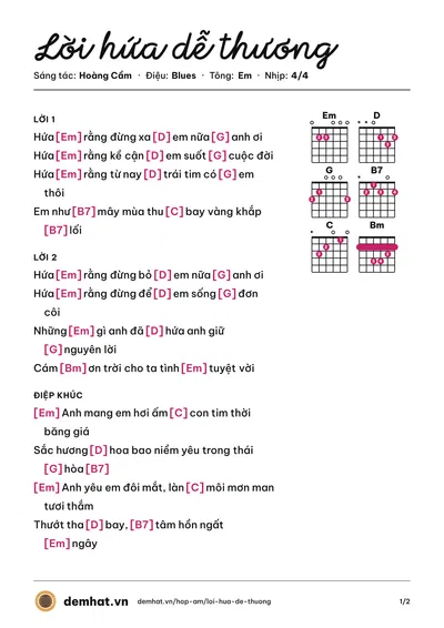 Hợp âm Lời hứa dễ thương (Hoàng Cầm) – bản nhạc PDF trang 1, tông Em