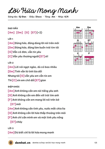Hợp âm Lời Hứa Mong Manh (Sỹ Đan) – bản nhạc PDF trang 1, tông Am