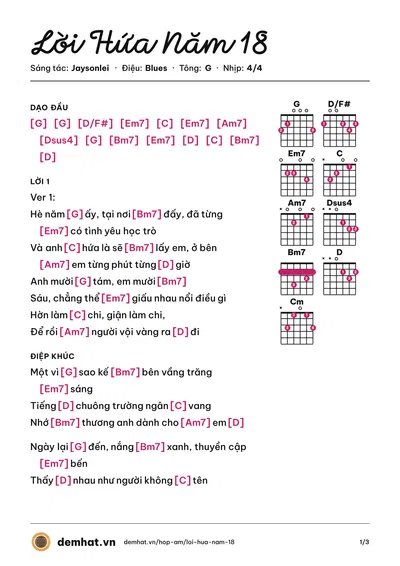 Hợp âm Lời Hứa Năm 18 (Jaysonlei) – bản nhạc PDF trang 1, tông G