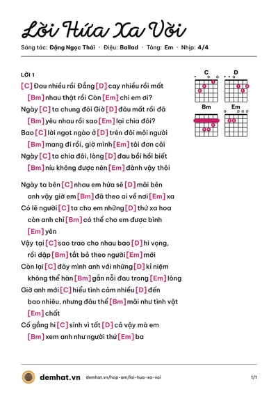 Hợp âm Lời Hứa Xa Vời (Đặng Ngọc Thái) – bản nhạc PDF trang 1, tông Em