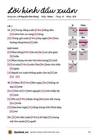 Hợp âm Lời kinh đầu xuân (LM Nguyễn Đức Dũng) – bản nhạc PDF trang 1, tông D