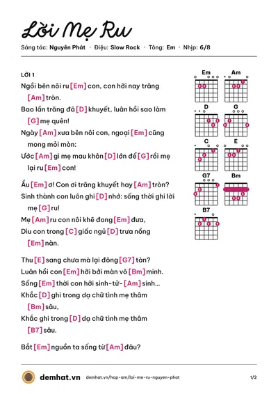 Hợp âm Lời Mẹ Ru (Nguyễn Duyên Quỳnh) – bản nhạc PDF trang 1, tông Em