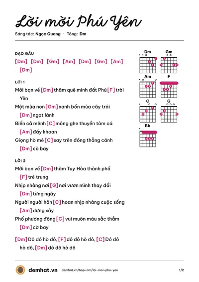 Hợp âm Lời mời Phú Yên (Tốp ca nữ nhà hát CMN dân gian Sao Biển) – bản nhạc PDF trang 1, tông Dm