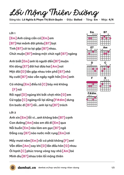 Hợp âm Lối Mộng Thiên Đường (Nguyễn Quang) – bản nhạc PDF trang 1, tông Em