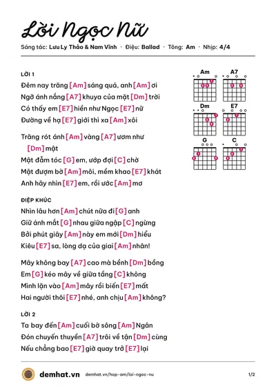 Hợp âm Lời Ngọc Nữ (Lưu Ly Thảo) – bản nhạc PDF trang 1, tông Am