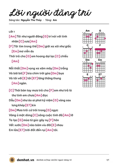 Hợp âm Lời người đãng trí (Hương Giang) – bản nhạc PDF trang 1, tông Am