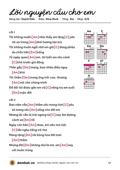 Hợp âm Lời nguyện cầu cho em (Huỳnh Hiền) – bản nhạc PDF trang 1, tông Am