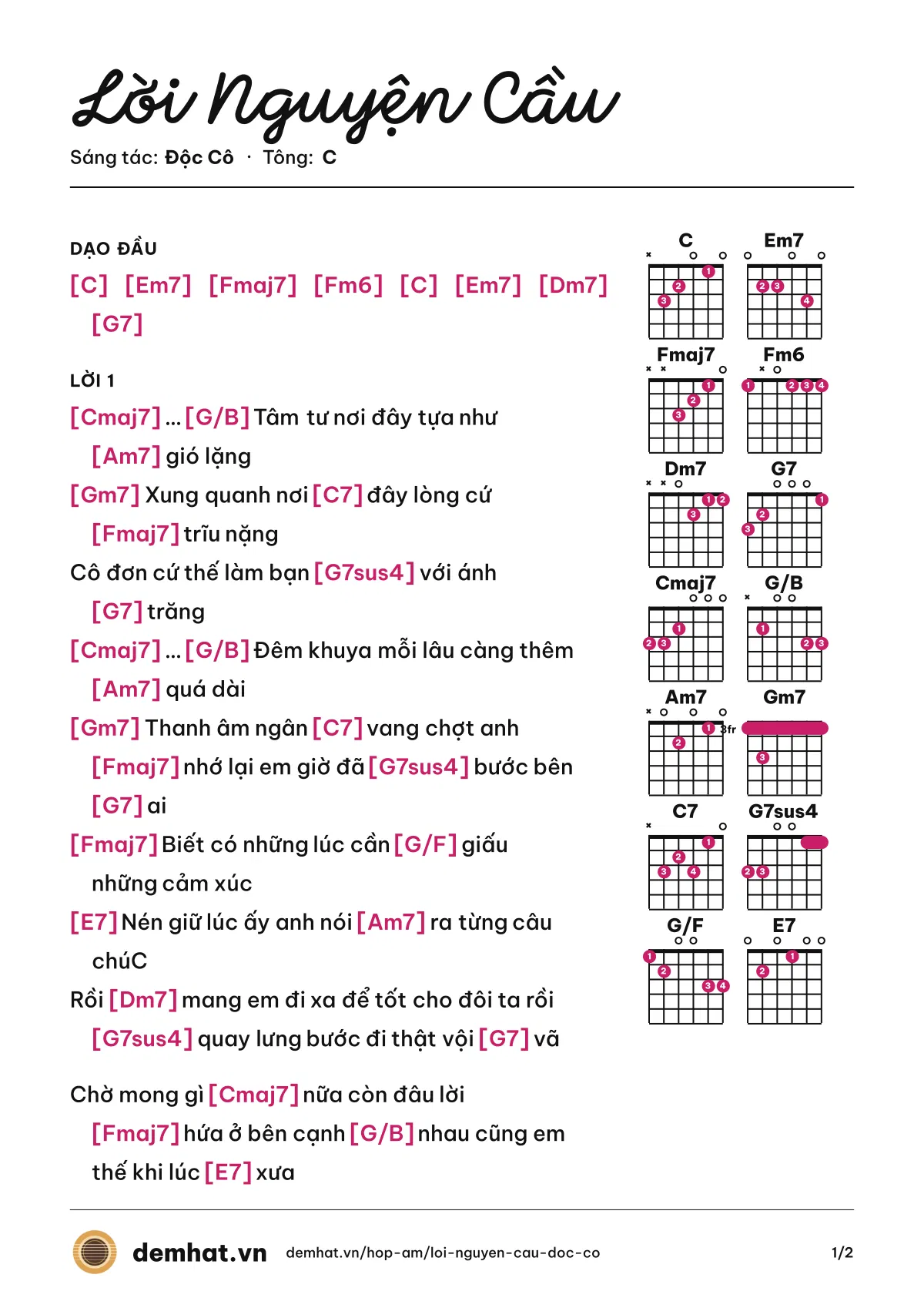 Hợp âm Lời Nguyện Cầu (Độc Cô) – bản nhạc PDF trang 1, tông C