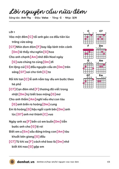 Hợp âm Lời nguyện cầu nửa đêm (Nhật Trường) – bản nhạc PDF trang 1, tông C