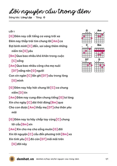 Hợp âm Lời nguyện cầu trong đêm (Hiền Thục) – bản nhạc PDF trang 1, tông G