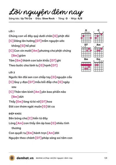 Hợp âm Lời nguyện đêm nay (Uy Thi Ca) – bản nhạc PDF trang 1, tông G