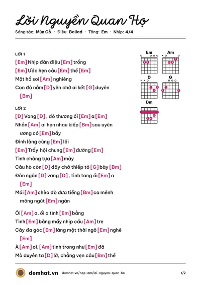 Hợp âm Lời Nguyền Quan Họ (Mủn Gỗ) – bản nhạc PDF trang 1, tông Em