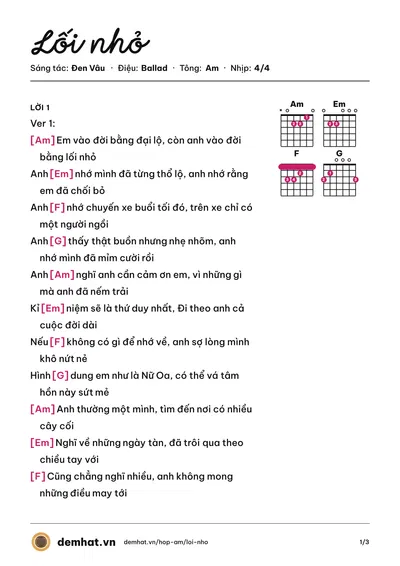 Hợp âm Lối nhỏ (Đen Vâu) – bản nhạc PDF trang 1, tông Am