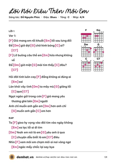 Hợp âm Lời Nói Điêu Trên Môi Em (Đỗ Nguyên Phúc) – bản nhạc PDF trang 1, tông C