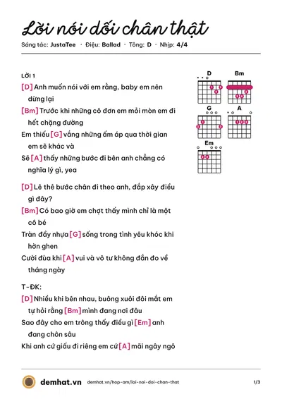 Hợp âm Lời nói dối chân thật (Kimmese) – bản nhạc PDF trang 1, tông D