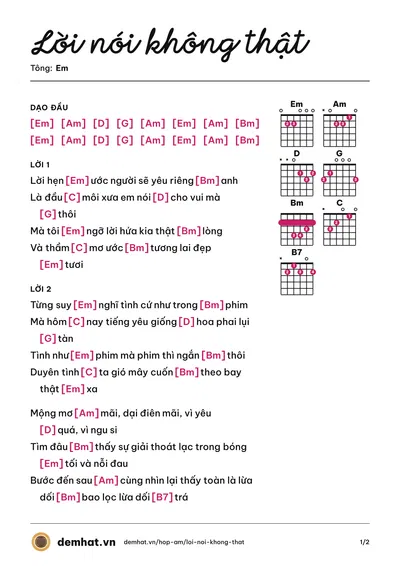 Hợp âm Lời nói không thật (Thiên Tú) – bản nhạc PDF trang 1, tông Em