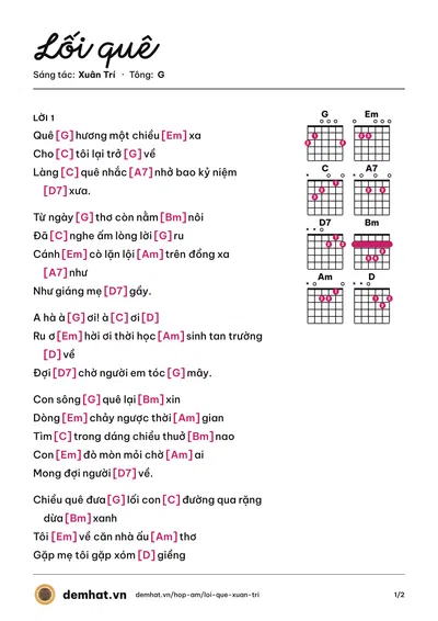 Hợp âm Lối quê (Trọng Tấn) – bản nhạc PDF trang 1, tông G