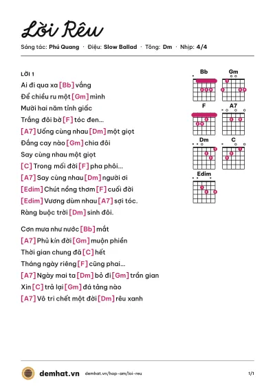 Hợp âm Lời Rêu (Trần Thu Hà) – bản nhạc PDF trang 1, tông Dm