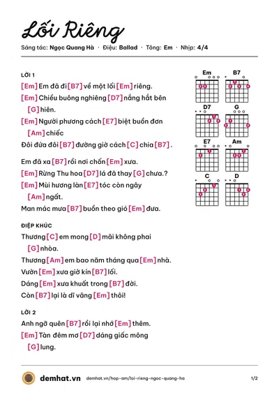 Hợp âm Lối Riêng (Trà Song Thảo) – bản nhạc PDF trang 1, tông Em