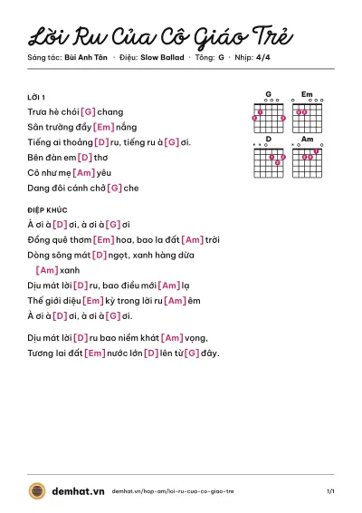 Hợp âm Lời Ru Của Cô Giáo Trẻ (Võ Hạ Trâm) – bản nhạc PDF trang 1, tông G