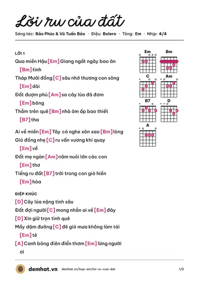 Hợp âm Lời ru của đất (Quốc Đại) – bản nhạc PDF trang 1, tông Em