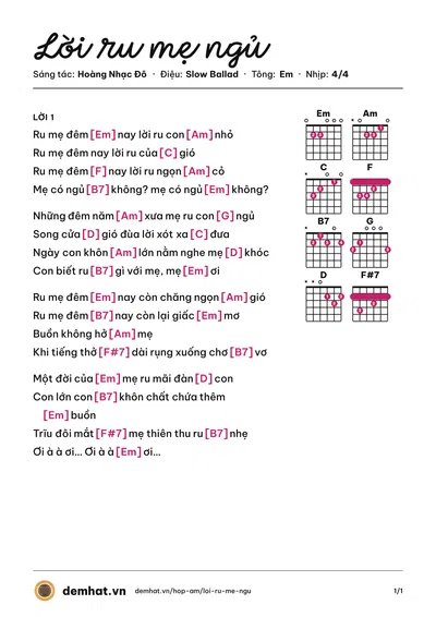 Hợp âm Lời ru mẹ ngủ (Hoàng Nhạc Đô) – bản nhạc PDF trang 1, tông Em